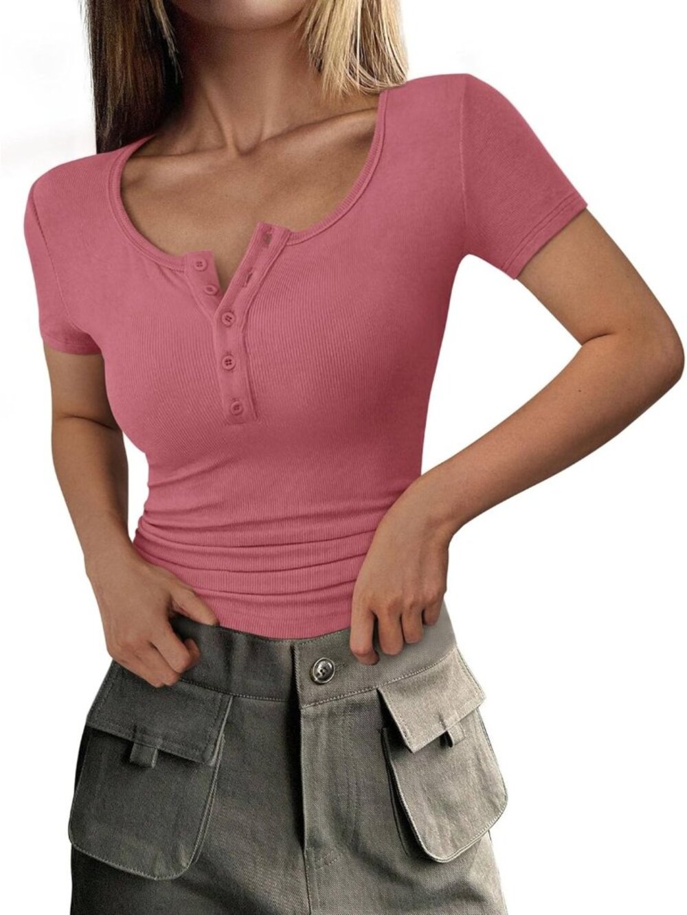Women's Rose Pink Short Sleeve Ribbed Henley Button Slim Fit Casual T Shirts